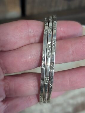 Sterling Silver Set of 3 Stacking Bangle Bracelets 925 Etched Floral Vintage